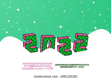 Winter banner Happy New Year. Cartoon green-pink numbers retro style in a snowdrift. Two sets of decorative fonts are included.