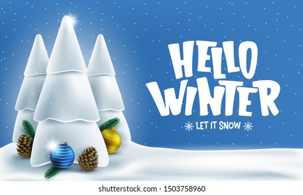 Winter Banner with Hello Winter Greeting Text and Three Snowy Trees in Snowy Woodland Landscape Blue Background Banner. Vector Illustration