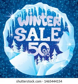 Winter banner of ice and icicles on a blue background for sales.