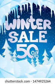 Winter banner of ice and icicles on a blue background for sales.