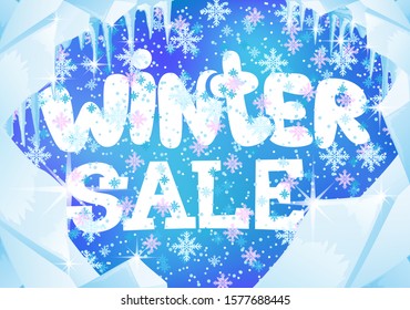 Winter banner of ice and icicles on a blue background for sales.