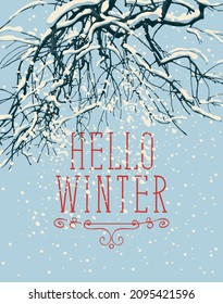 Winter banner with inscription Hello Winter and realistic snow-covered branches of tree on the background of blue sky with snowflakes. Snowy vector illustration