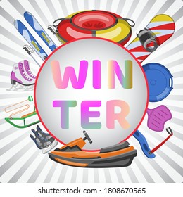 Winter banner inscription, shiny background, cold weather sport, team game icon, design cartoon style vector illustration. Tools for skating on ice rink and snow, fast snowmobile, active useful rest.
