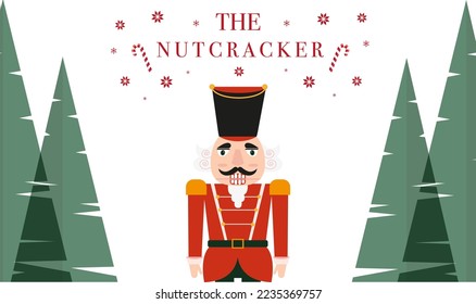 Winter Banner with the Nutcracker and Christmas trees. Vector graphics