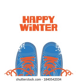 Winter banner with red Happy winter lettering and blue shoes with red laces on the white snowy background. Vector illustration in cartoon style