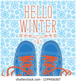 Winter banner with red lettering Hello winter and blue shoes on the background of seamless pattern of snowflakes. Vector illustration