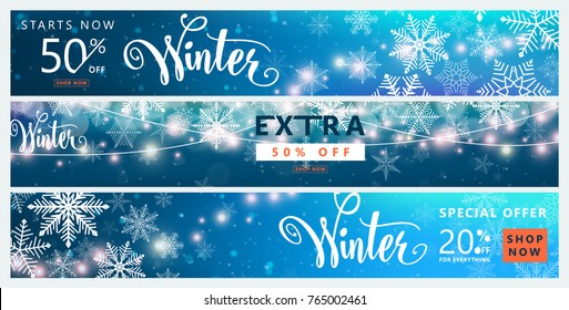 Winter banner set. Colorful sale background design with christmas snow and snowflake, garland, season type lettering text sign 50 percent, 20 Off. Advertising offer. Vector illustration