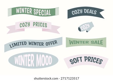Conjunto de Anuncio de invierno con tipografía acogedora, cintas pastel suaves y etiquetas curvas. Las letras dibujadas a mano resaltan ofertas, Precios y ofertas de temporada, diseñadas para promociones de marketing y minoristas