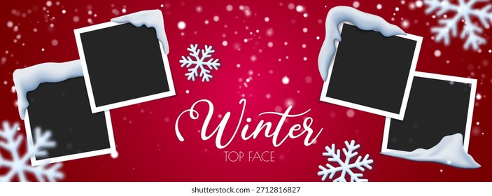 Anuncio de invierno con marcos de fotos cubiertos de nieve, copos de nieve y nieve suave que cae. Ideal para tarjetas festivas, redes sociales, diseño navideño, invitaciones y promociones de temporada. Vector aislado.