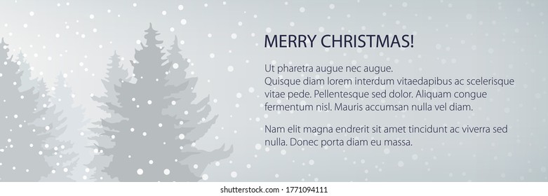 Pancarta de invierno con nevada en el bosque y texto, abetos en invierno en nevada, paisaje navideño de invierno en tonos grises , ilustración vectorial