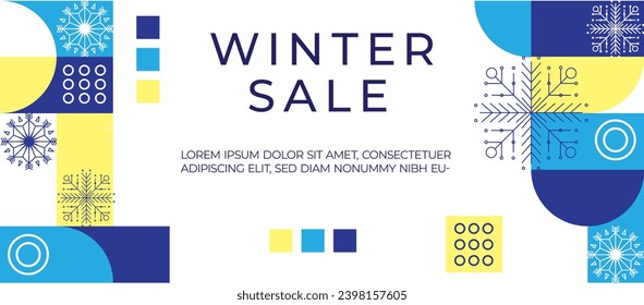 Pancarta de invierno con copos de nieve. Patrón geométrico azul y amarillo. Ilustración del vector EPS10