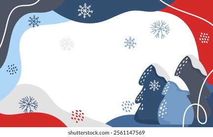 Winter banner with snowy trees, abstract shapes, and snowflakes. For seasonal event promotions, greeting cards, or festive website headers