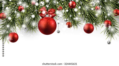 Banner de invierno con ramas de abeto y baudias rojas. Ilustración vectorial de Navidad con lugar para texto. 