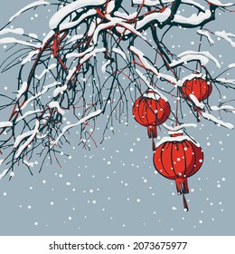 Winter banner in the style of Chinese watercolor with snow-covered tree branches decorated with red paper lanterns against a gray sky and snowfall. Vector illustration for happy New Year greeting card