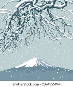 Winter banner in the style of Japanese watercolor with snow-covered branches of tree against a mountain and snowfall. Beautiful vector illustration in grey colors