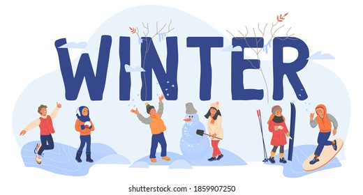 Winter banner template with cute children characters enjoying snow weather. Background for winter sale events and sport outdoor activity with kids playing snow and big word Winter, vector illustration