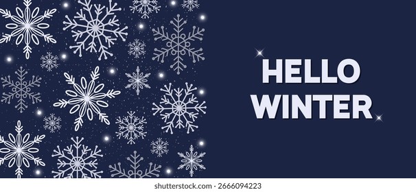 Plantilla de Anuncio de invierno con copos de nieve que caen y brillo sobre fondo azul. Tarjeta de felicitación de temporada para Navidades y vacaciones de Año Nuevo. Vector.