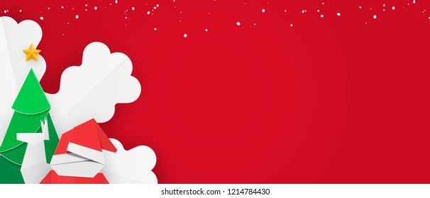 Winter banner template with snow for web. Christmas leaflet with red background, santa, new year tree, snowflake and reindeer.