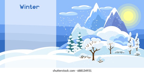 Winter banner with trees, mountains and hills. Seasonal illustration.
