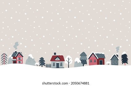 Winter banner. Vector illustration with cozy houses, spruces, trees, mountains, shrubs. Christmas holidays. Northern village. Hand drawn illustration. Scandinavian style.