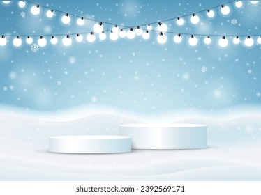 Winter Banner And White Podium With Gradient Mesh, Vector Illustration