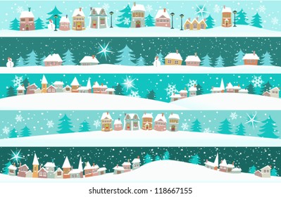 Winter banners with cartoon houses