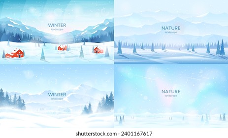 Winter banners. Snow-covered mountains and valleys, fir trees in snowdrifts, clear sky, sunny frosty day. Adventure tourism, active recreation in winter, hiking. Vector images.