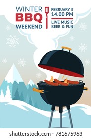 Winter barbecue party invitation. BBQ weekend on winter background. Grill illustration in snowy mountains. Cartoon design for flyer, menu, poster, announcement. Vector eps 10.