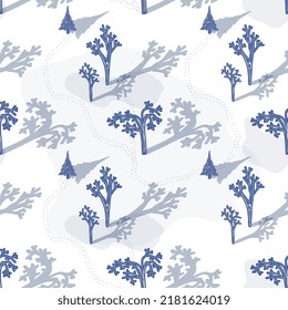 Winter bare tree vector seamless pattern set in blue and white colours