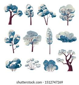 Winter bare trees, seasonal nature, snow on wood, snowflake and plants isolated icons vector. Bushes and oak, forest vegetation and cold weather. Trunks with branches and snowfall, leafless woods