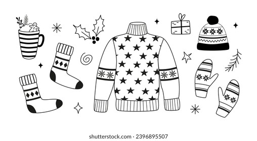 Winter basic clothing - linear clipart. Sweater, socks, mittens, hat. Outline doodles, icons, sketch. Christmas holidays.