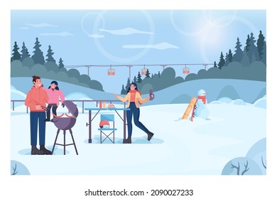 Winter bbq concept. Family children grilling hot dogs, ski resort bbq party. Barbecue grill on snowy hill. Mountain ski resort valley. Flat vector illustration