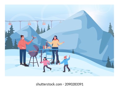 Winter bbq concept. Family children grilling hot dogs, ski resort bbq party. Barbecue grill on snowy hill. Mountain ski resort valley. Flat vector illustration