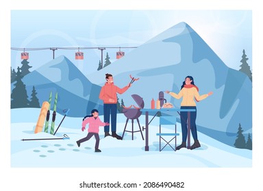 Winter bbq concept. Family grilling steaks, ski resort bbq party. Mountain ski resort valley. Barbecue grill on snowy hill. Flat vector illustration
