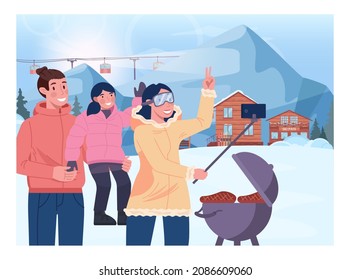 Winter bbq concept. Family grilling steaks and taking pictures, ski resort bbq party. Mountain ski resort valley. Barbecue grill on snowy hill. Flat vector illustration
