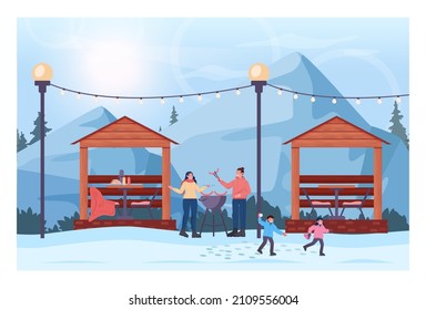 Winter bbq concept. Family grilling hot dogs in outdoor kitchen, ski resort bbq cafe. Mountain ski resort valley. Barbecue grill on snowy hill. Flat vector illustration