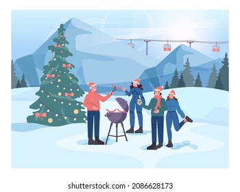 Winter bbq concept. Friends group grilling steaks, ski resort bbq party. Mountain ski resort valley. Barbecue grill on snowy hill. Flat vector illustration