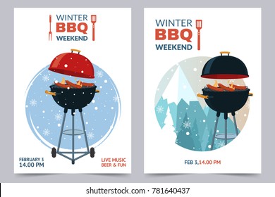 Winter BBQ party a4 invitation template. Barbecue weekend flyer. Grill illustration on snowy backdrop. Cartoon design for menu, poster, announcement. Vector eps 10.