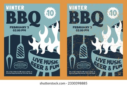 Winter Bbq Vector Christmas Party Poster Retro Vintage Grunge Hand Drawn Template