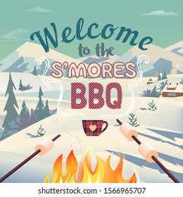 Winter BBQ welcome invitation vector poster. Outdoors fun retro cartoon. Welcome invitation to s'mores picnic. Winter season holiday leisure banner background. Marshmallow roasting illustration