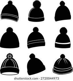 Winter Beanie Hat Icon Set Black Silhouette Coleção
