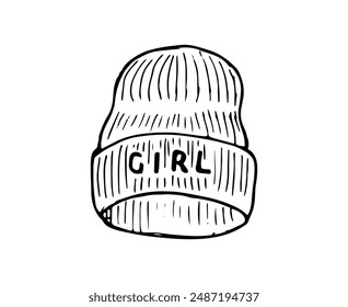 Winter beanie hat with lettering. Knitted girls hand-drawn hat. Winter headgear isolated on a white background.