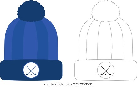 chapéu de gorro de inverno com pom-pom e logotipo de golfe, vetor plano e conjunto de contornos