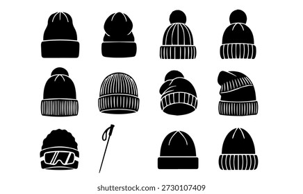 Chapéu de gorro de inverno e equipamento de esqui silhueta coleção de ilustração vetorial para clima frio moda esportes ao ar livre e vestuário sazonal