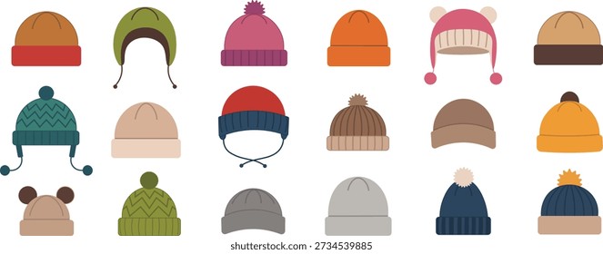 Winter Beanie Hat Vector Set. Cozy Knitted Caps, Earflap Hats, Pom-Pom Hats, Warm Seasonal Accessories Collection