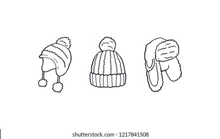 Winter beanie hats different shapes set illustration with black outline, simple silhouette vector. Winter warm unisex clothes for mens and ladies. Different women and mens hats for cold winter.