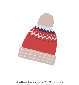 Winter beanie, knitted hat with pom-pom and zigzag pattern. Warm cozy woolen headwear for cold weather. Stylish knitwear, head accessory. Flat vector illustration isolated on white background