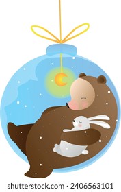 Winter bear and bunny sleep together