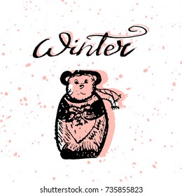  Winter bear calligraphy card. Cute Hand Drawn Vector Illustration for Christmas cards, happy new year, Valentine's Day, Anniversary, birthday.