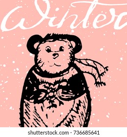 Winter bear calligraphy card. Cute Hand Drawn Vector Illustration for Christmas cards, happy new year, Valentine's Day, Anniversary, birthday.